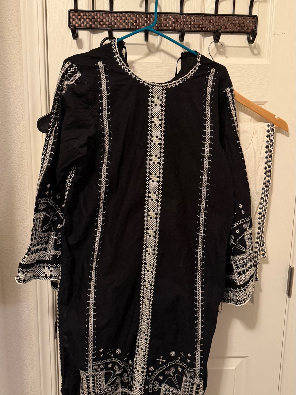 Cotton Black Embroidered Tunic Dress with White Folk Stitching